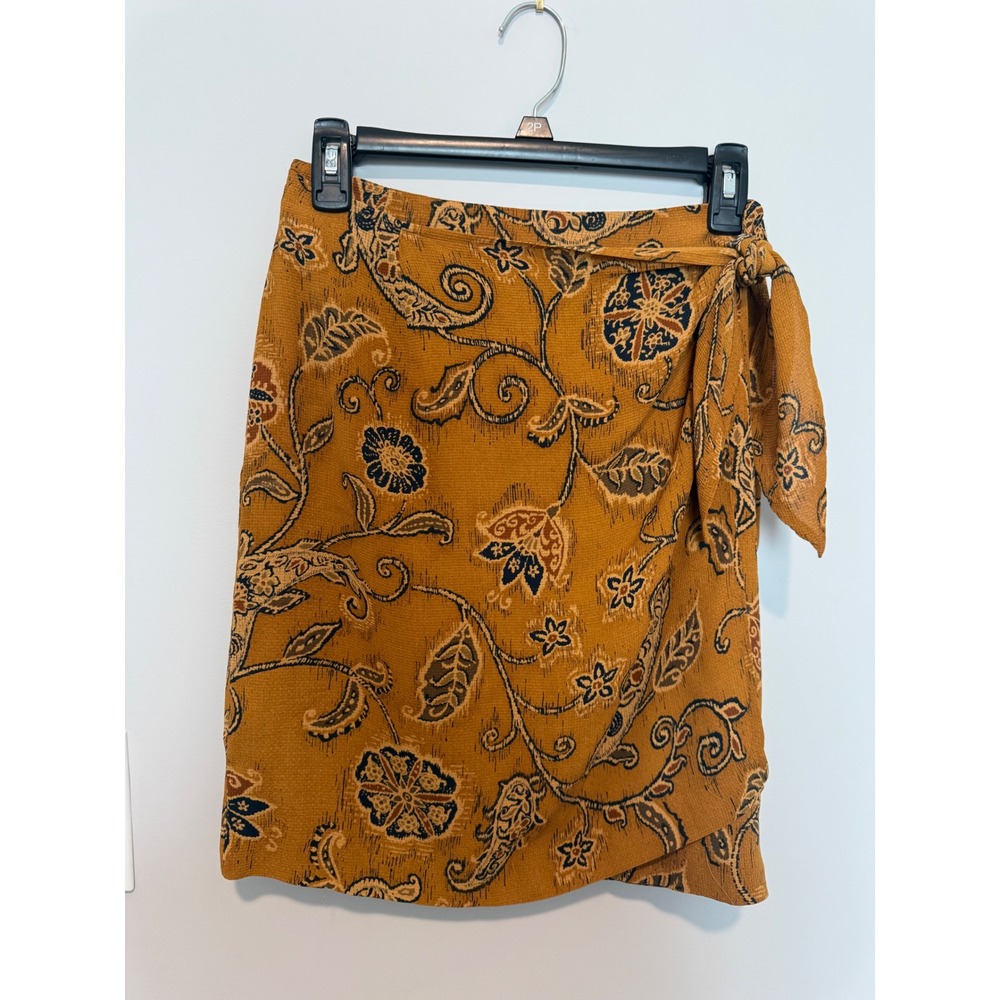 Jones New York Silk Paisley Mini Skirt Mustard Yellow Floral Wrap Tie Size 6